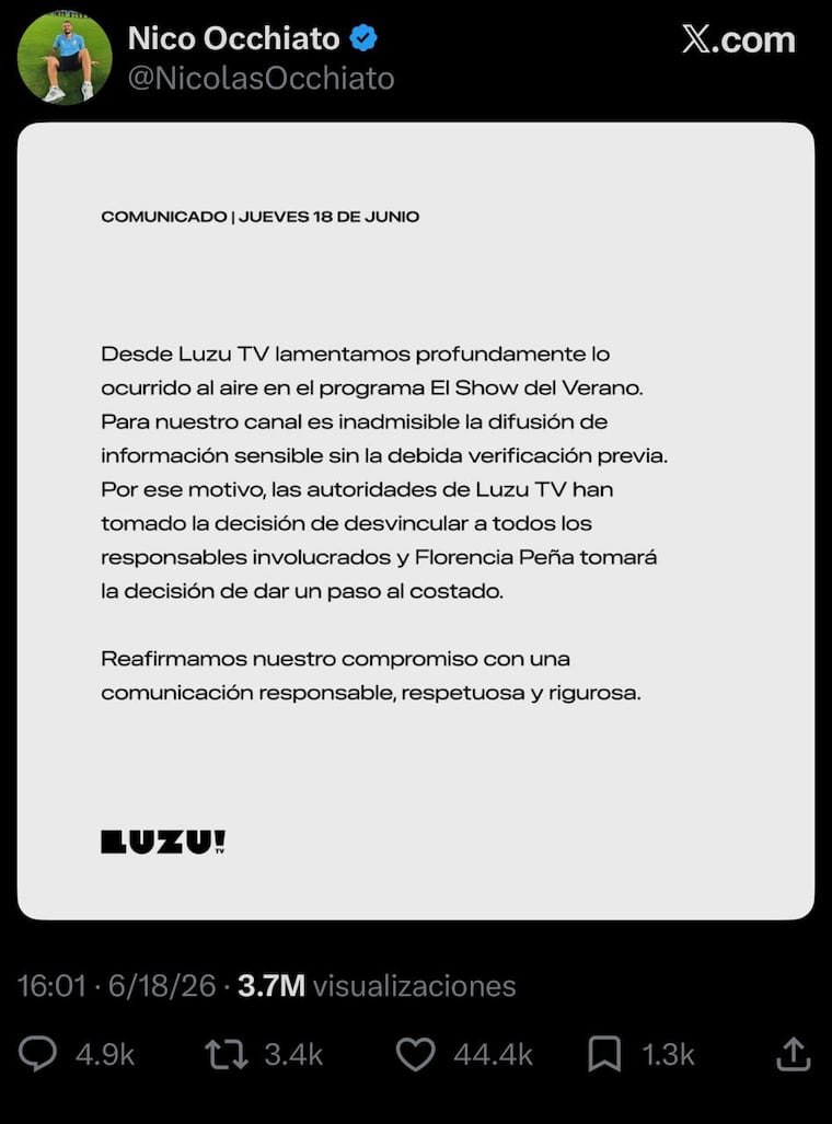 Comunicado de Luzu Tv información falsa de muerte del padre de Lionel Messi.