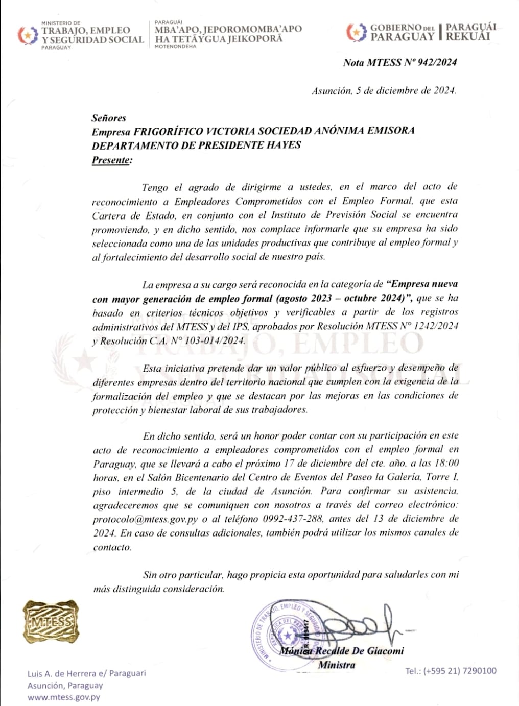 Nota sobre el reconocimiento al Frigorífico Victoria. Foto: Gentileza