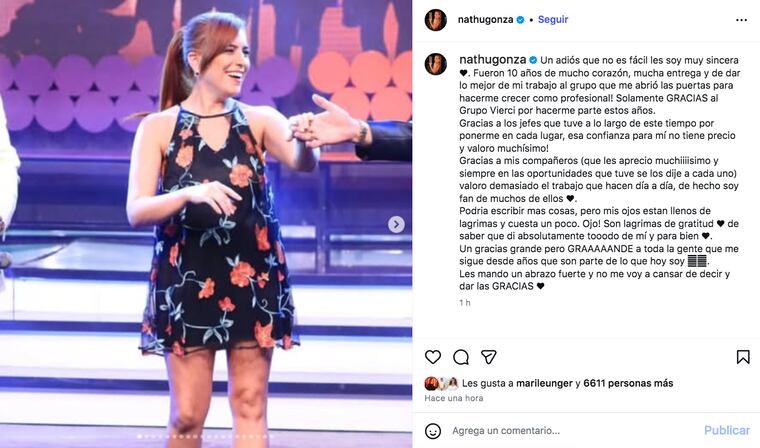 Captura del post de Nathu González, despidiéndose del Grupo Vierci.