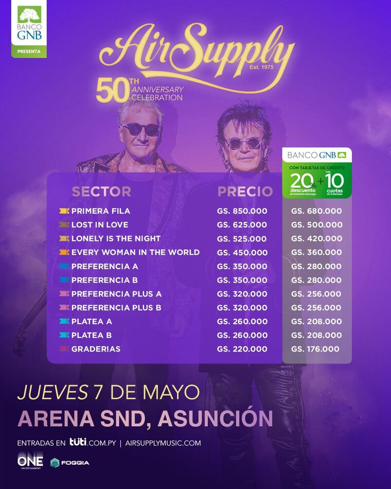 Precio de entradas para Air Supply en Paraguay.