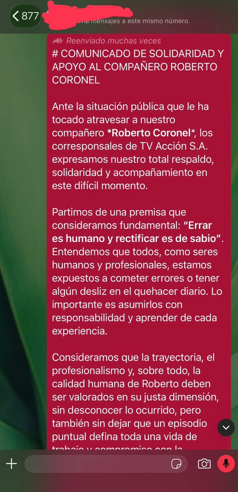 Captura del comunicado difundido por corresponsales de Telefuturo, en apoyo a Roberto Coronel, tras provocar una accidente en estado etílico.