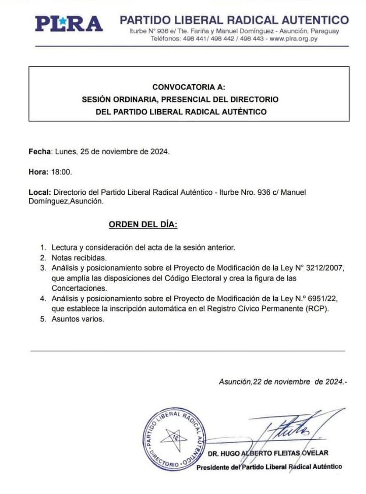 Sesión ordinaria convocada por el titular del PLRA, Hugo Fleitas. Foto: Gentileza 