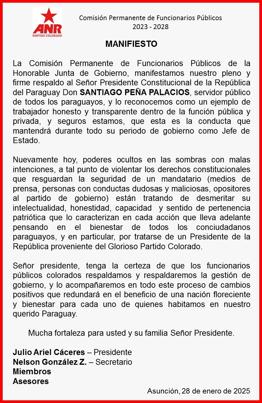 Manifiesto emitido por la Comisión Permanente de Funcionarios Públicos de la Junta de Gobierno. Foto: Gentileza