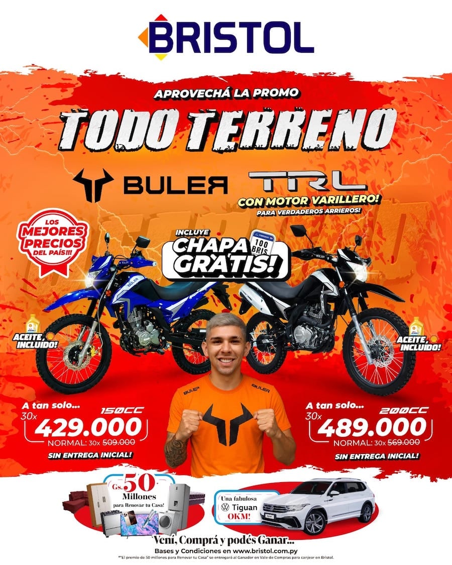 Todas las compras en motocicletas Buler en modelos TRL con motor 150 cc y 200 cc incluyen CHAPA GRATIS con aceite de regalo incluido. Foto: Gentileza