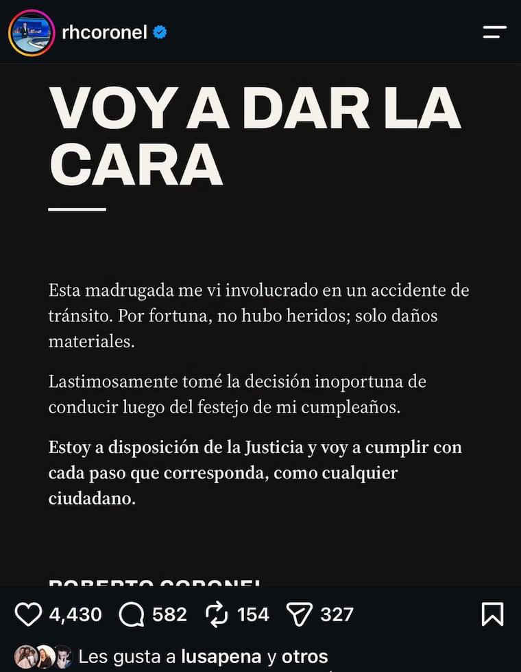 Comunicado de Roberto Coronel, tras protagonizar accidente, bajo los efectos del alcohol.