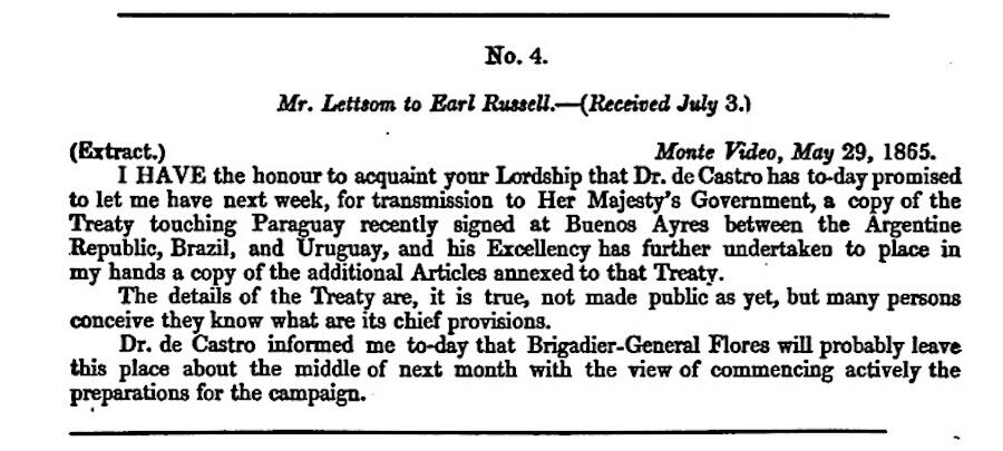 Misiva remitida por el encargado de negocios britnico en Montevideo, William Lettsom, a su superior jerrquico Earl Russell