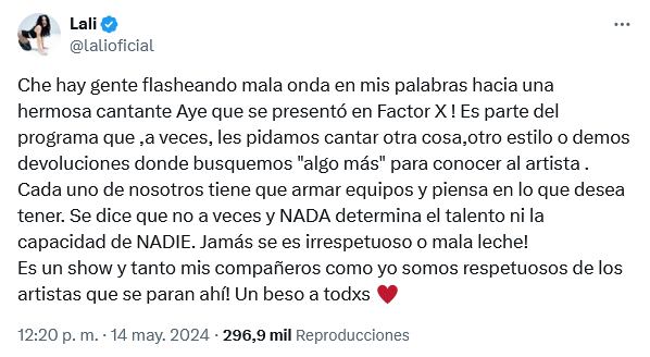 Lali decidió aclarar que fue respetuosa con la paraguaya en su presentación. Foto: X