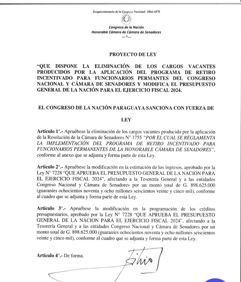 El proyecto de ley presentado por el senador Silvio Ovelar. Foto: Captura de pantalla