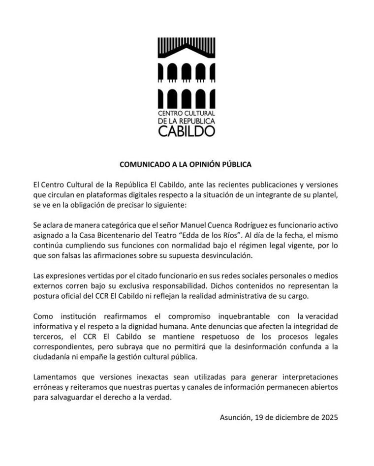 Comunicado de El Cabildo sobre afirmaciones de Manuel Cuenca.