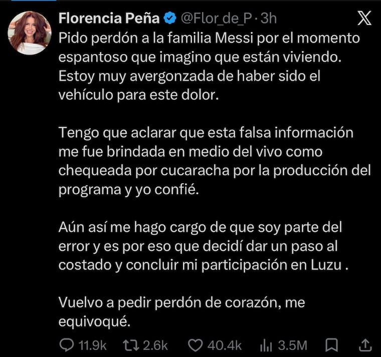 Florencia Peña pidió perdón en X.