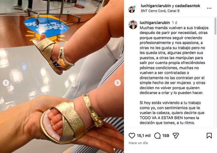 Captura del post de Luchi García Rubin sobre el retorno laboral post maternal.