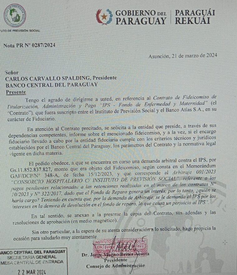 Nota remitida por IPS al BCP.