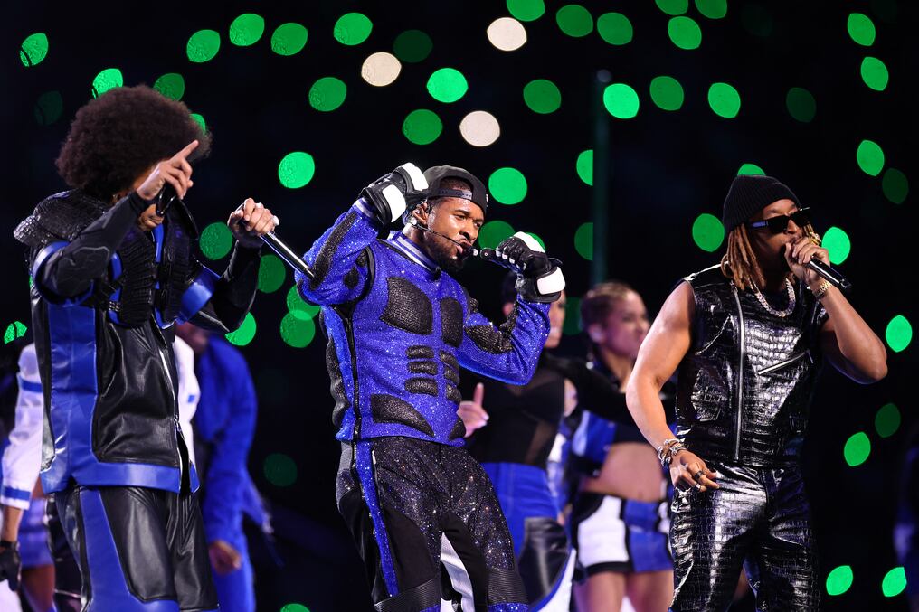 Ludacris, Usher y Lil Jon actuaron en el medio tiempo del Super Bowl en el estadio Allegiant de Las Vegas. Foto: AFP