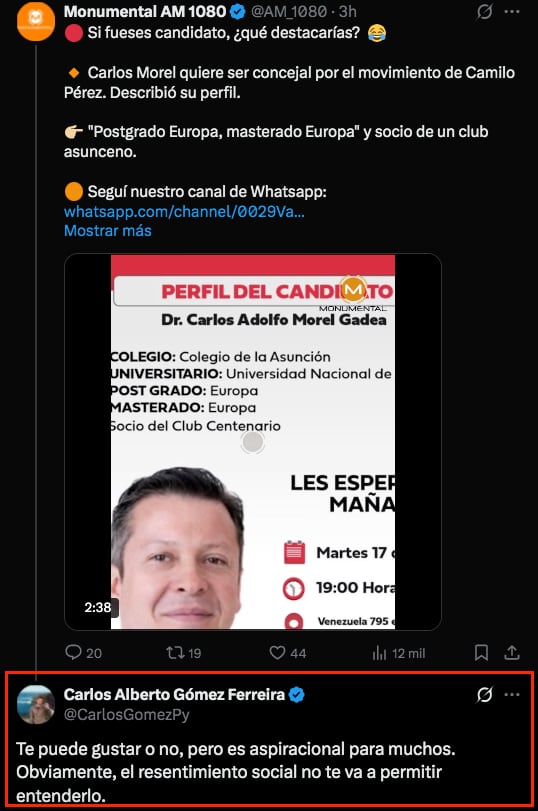 Captura de la respuesta de Carlos Gómez a Santiago González