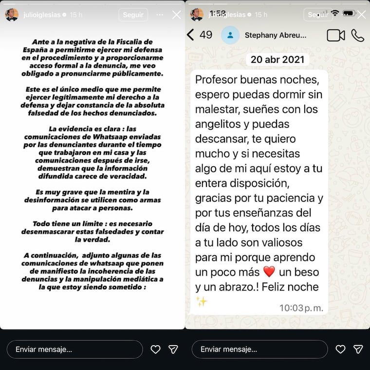 Captura de chats difundidos por Julio Iglesias.