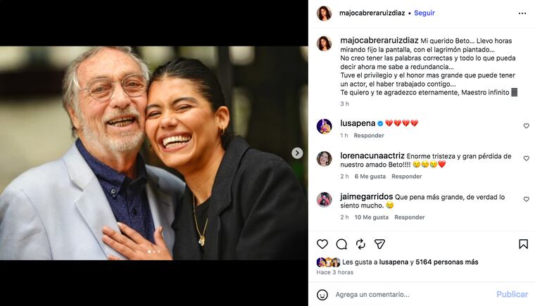 Captura del post de Majo Cabrera, dedicado a Luis Brandoni.