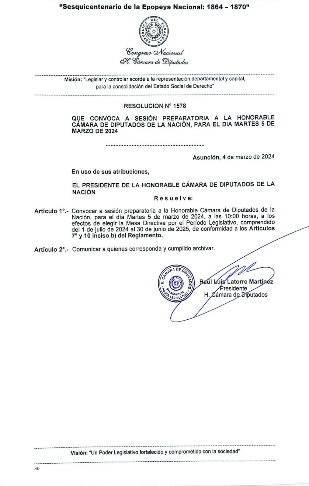 El diputado Raúl Latorre firmó la resolución por la cual convoca a sus colegas para la sesión preparatoria de elección de Mesa Directiva. Foto: Gentileza