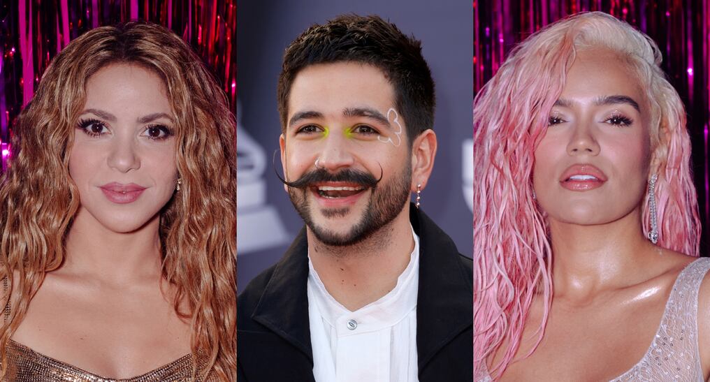 Los colombianos Shakira, Karol G y Camilo encabezan con siete nominaciones cada uno la carrera por los premios Grammy Latinos. Foto: AFP