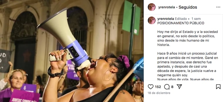 Captura del descargo en Instagram de Yren Rotela sobre el fallo judicial sobre su identidad.