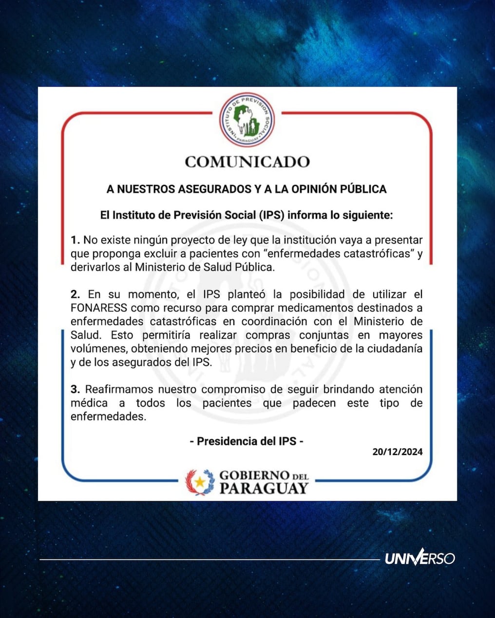 El comunicado del IPS que señala que no existe proyecto de ley alguno que pretende la exclusión de los pacientes considerados "catastróficos". Foto: IPS