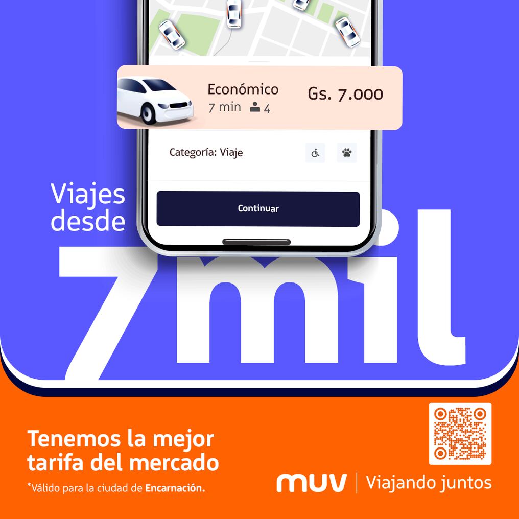 muv anuncia su llegada a la ciudad de Encarnación con una propuesta innovadora y accesible para los usuarios: la mejor tarifa de la ciudad, con precios desde Gs. 7.000 por viaje. Foto: Gentileza