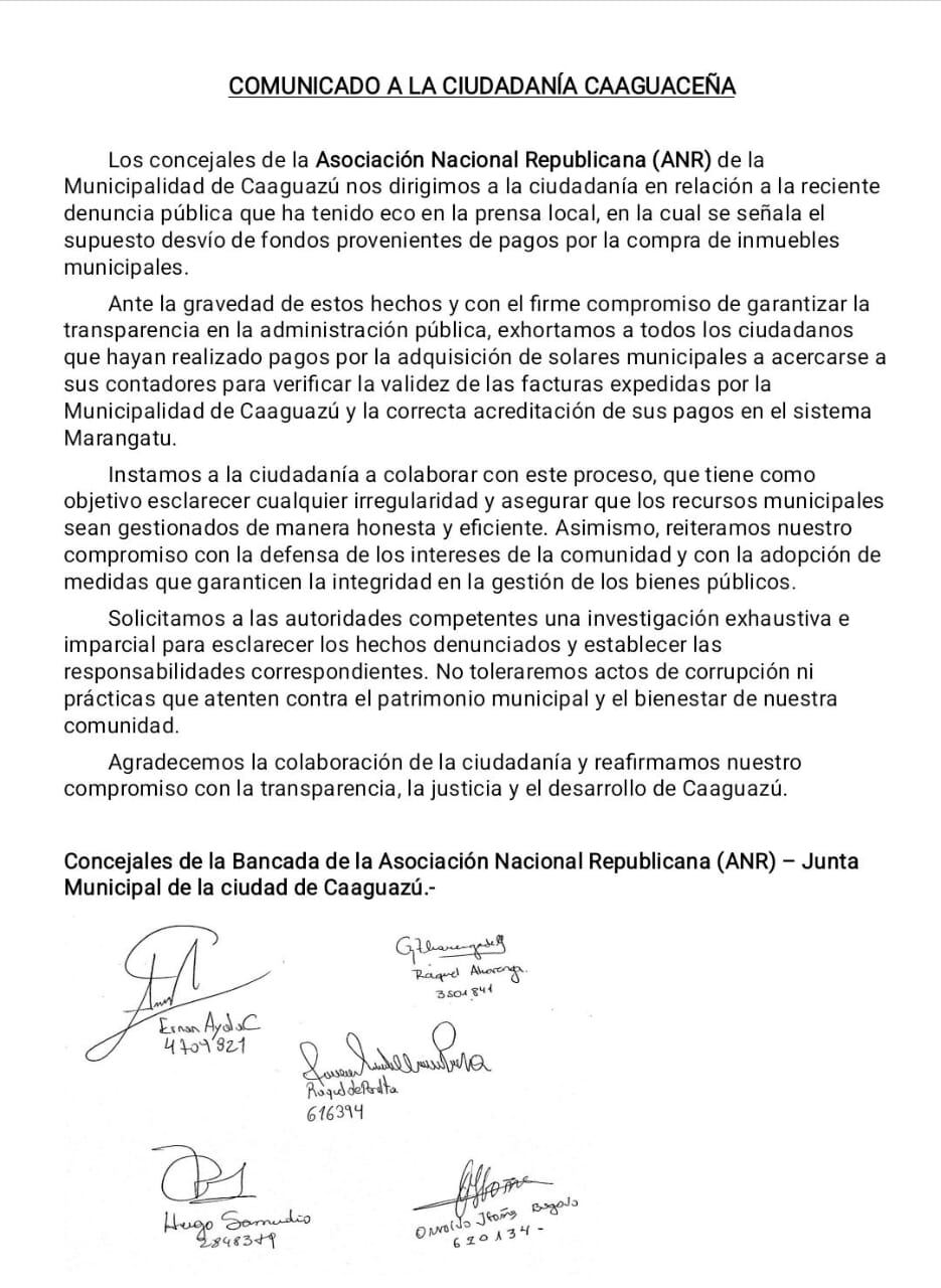 Comunicado de la bancada colorada de la Junta Municipalidad de Caaguazú. Foto: Gentileza
