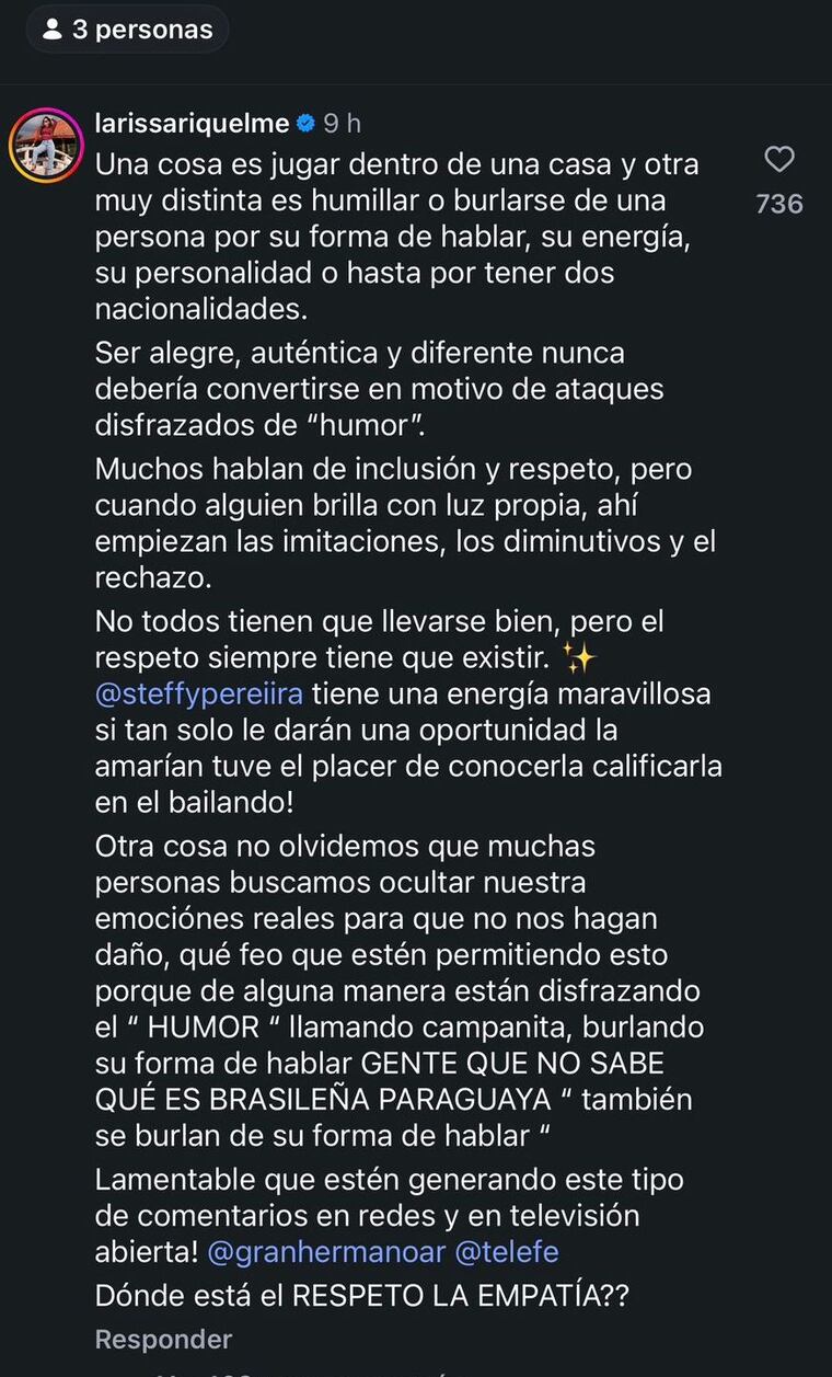 Larissa RIquelme cuestiona burlas y humillaciones hacia Steffy Pereira en Gran Hermano.