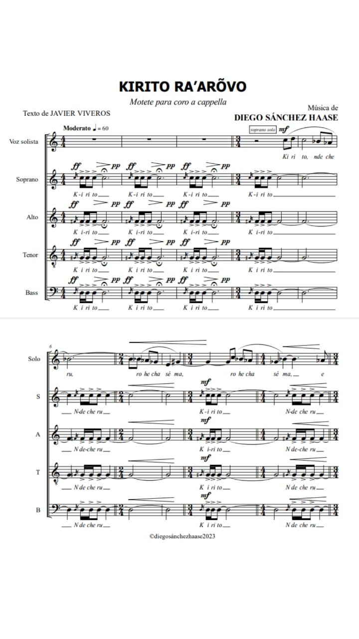 La partitura de la composición musical en idioma guaraní “Kirito ra’arõvo”, en letra de Javier Viveros y musicalizada por Diego Sánchez Haase. Foto: Gentileza