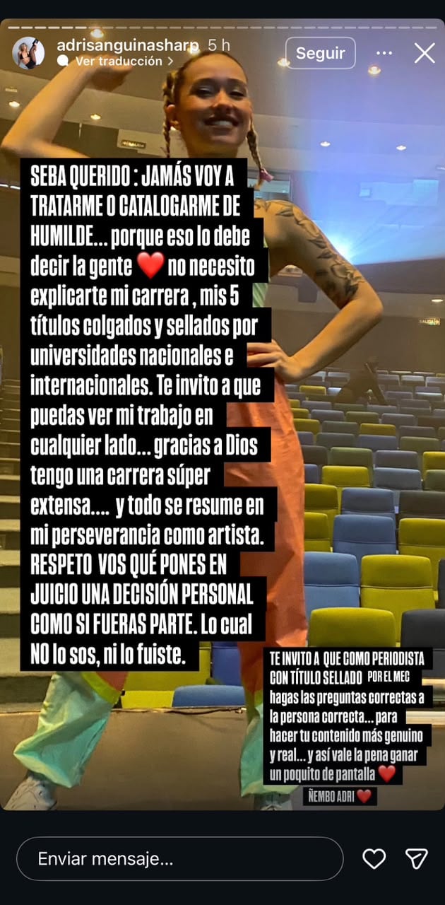 Adriana Sanguina retó a Sebastián Rodríguez.