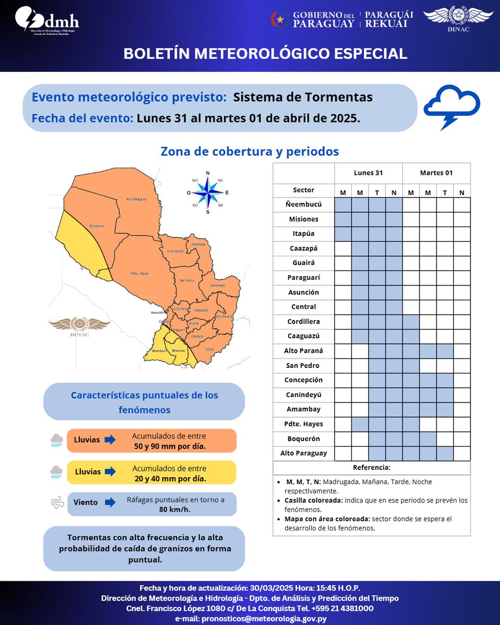 Estas son las áreas que serán afectadas, la hora del día y la intensidad, Foto. Gentileza 