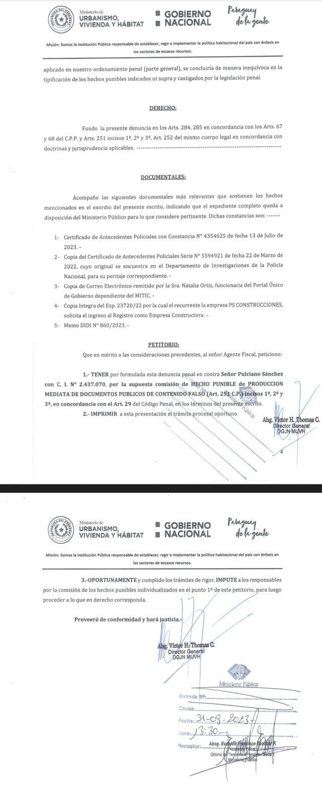 Parte de la denuncia formal presentada contra Pulciano Sánchez, por presunta presentación de documentos falsificados. Foto: Gentileza
