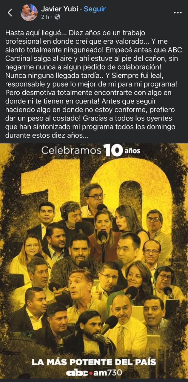 Captura del post de Javier Yubi, expresando su indignación contra el Grupo ABC.