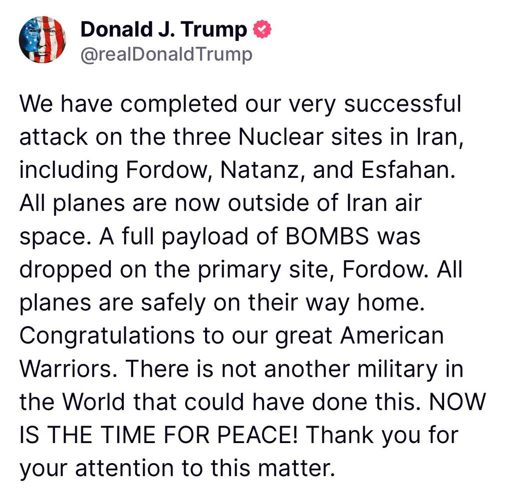 Publicación del mandatario estadounidense en redes sociales informando sobre el bombardeo. Foto: @realDonaldTrump