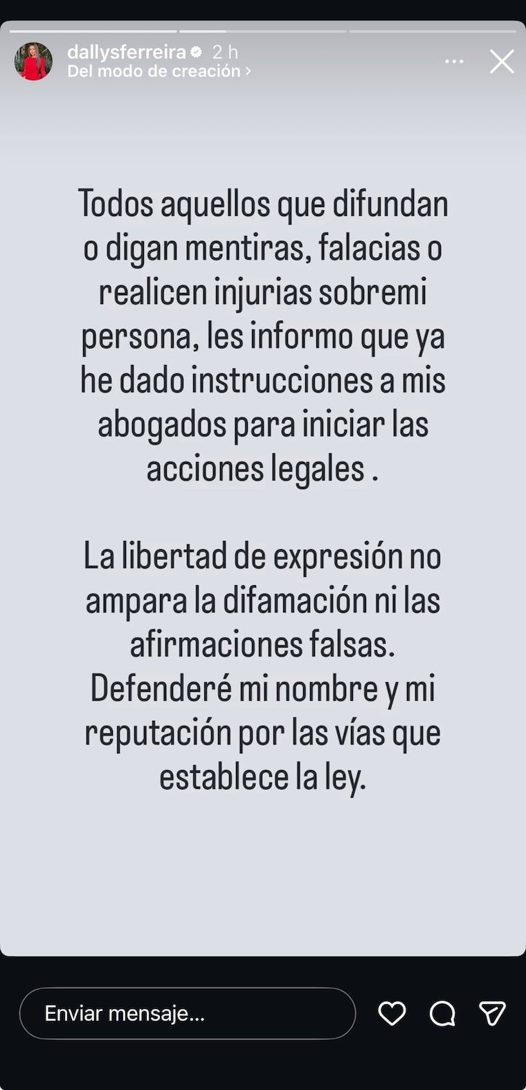 Dallys Ferreira advierte que tomará acciones legales.