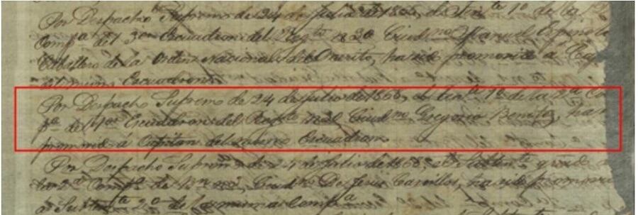 Por Despacho Supremo del 24 de julio de 1868, el teniente 1.º de la 2.ª Compañía del 1.er Escuadrón del Regimiento N.º 30, Gregorio Benítez, ha sido promovido a capitán del mismo escuadrón