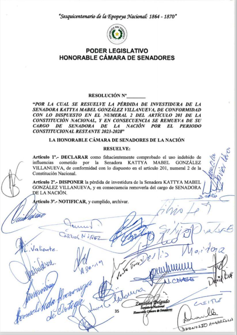 En más de 70 páginas, legisladores exponen causales para la destitución de Kattya González. Foto: Gentileza