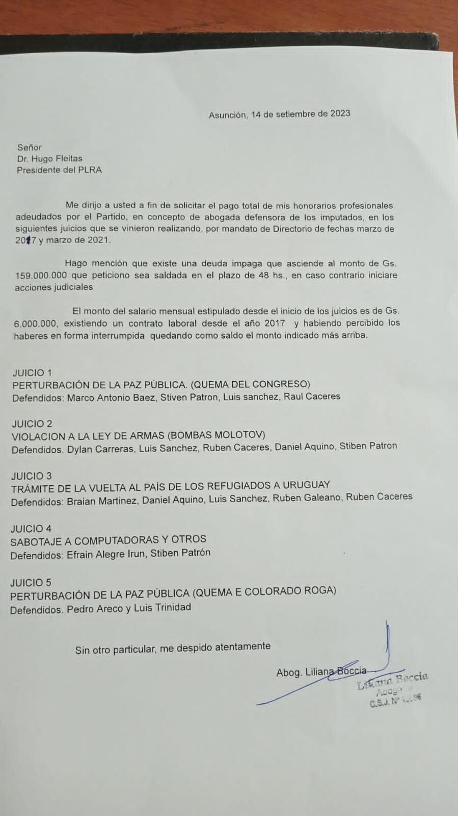 Nota presentada por la abogada Liliana Boccia. Foto: Gentileza