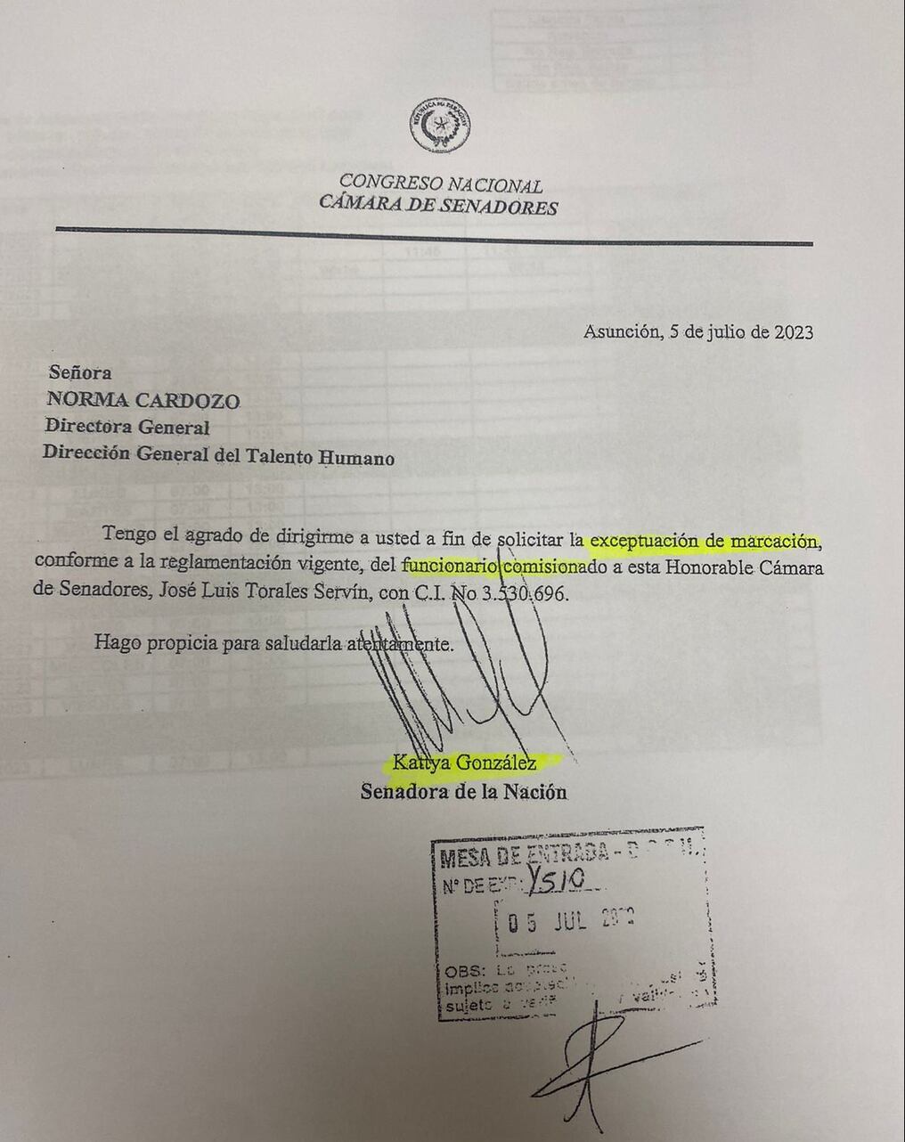 Documento que certifica el pedido de Kattya González para que José Luis Torales no firme su entrada y salida en el Congreso. Foto: Gentileza