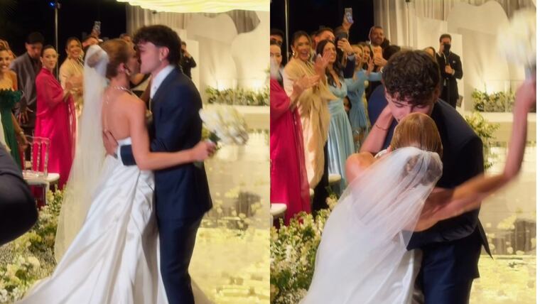 Juliana Vaccaro y Mauricio Magalhães sellaron su unión con un beso.
