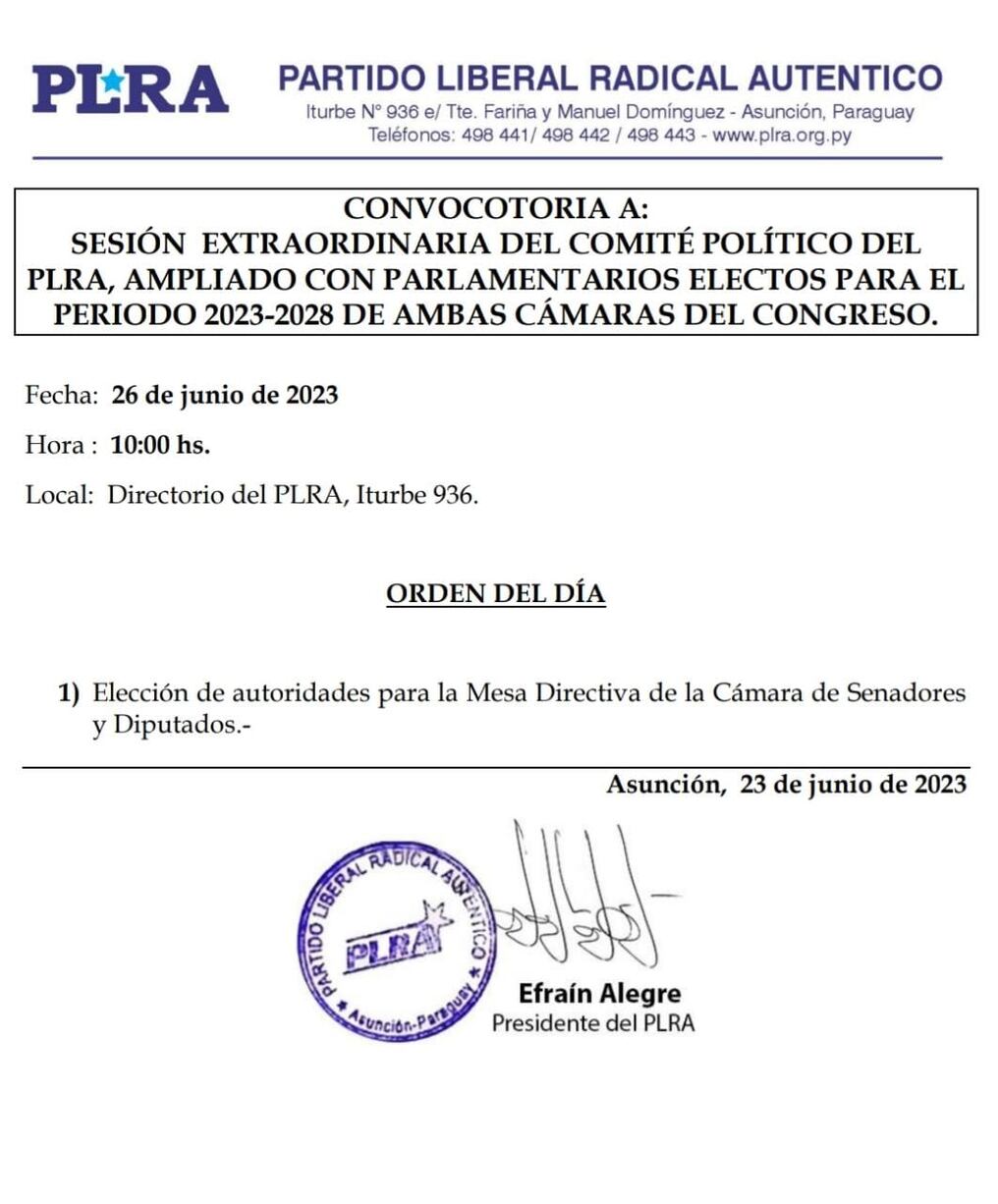 Convocatoria a sesión extraordinaria realizada por Efraín Alegre. Foto: Gentileza
