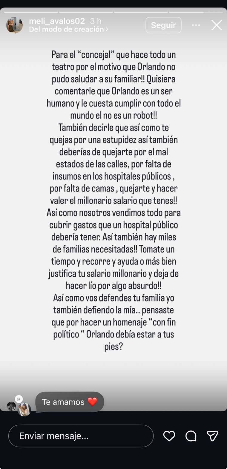 Captura de mensaje de Melissa Ávalos al concejal Isaac Rojas.