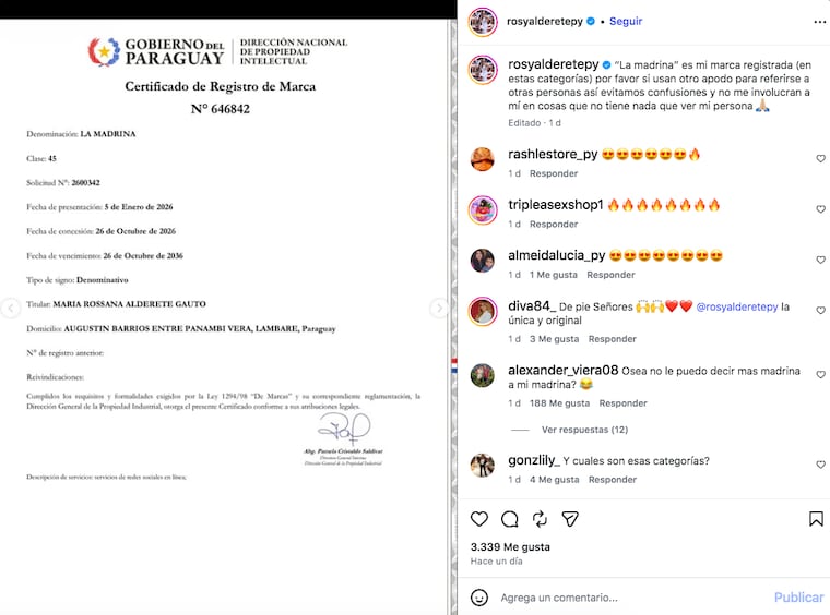 Captura del post de Rosy Alderete, anunciando el registro de “La Madrina”.
