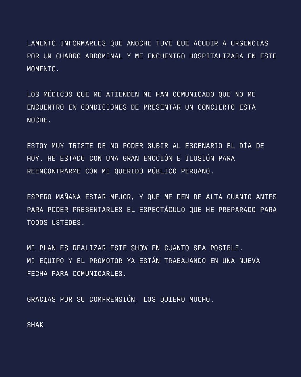 El comunicado de suspensión del concierto de Shakira, difundido en la red social X