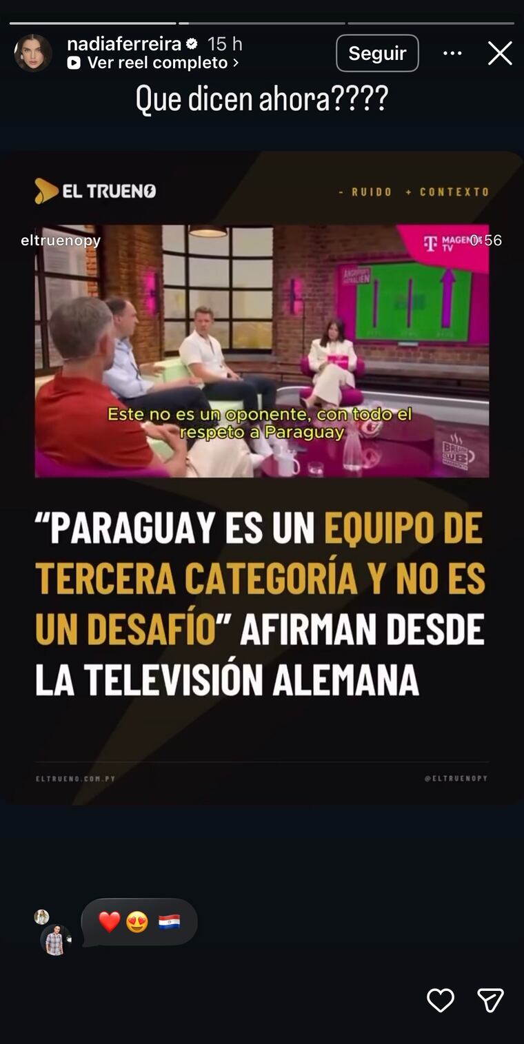 Captura de ‘historia’ de Nadia Ferreira, retrucando a periodistas alemanes.
