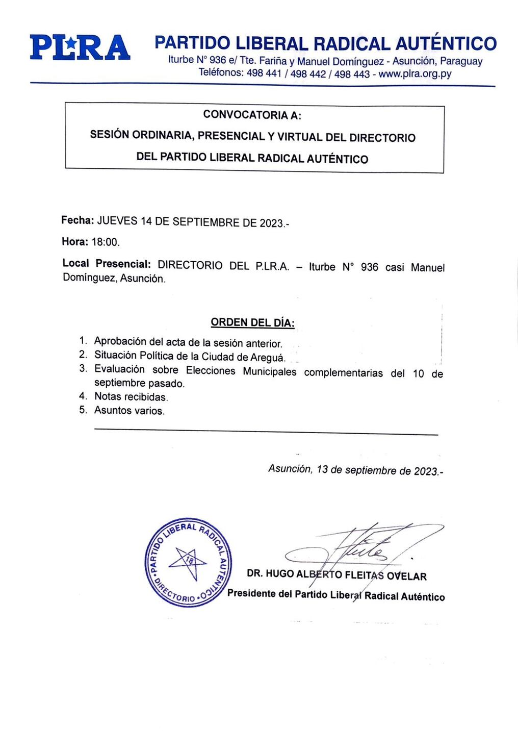 Nota firmada por el Dr. Hugo Fleitas, titular del PLRA, que convoca a los miembros del Directorio a sesión ordinaria este jueves 14 de septiembre. Foto: Gentileza