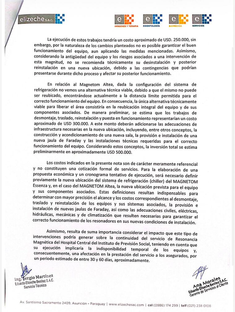 El documento, remitido por la firma Eduardo Elizeche Benítez S.A.C.