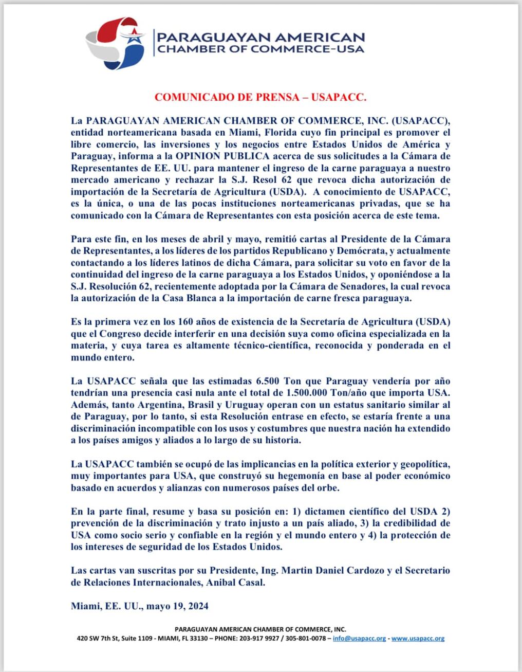 Comunicado de la Paraguayan American Chamber of Commerce. Foto: Gentileza