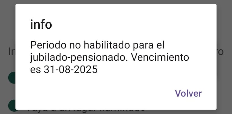 Este el mensaje que aparece cuando todavía no es el momento de hacer el trámite y uno intenta realizarlo.