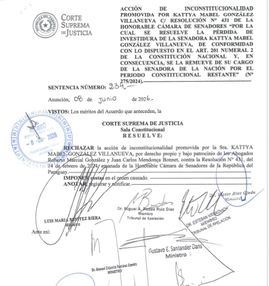 Corte le dice no al pedido de Kattya de volver al Senado