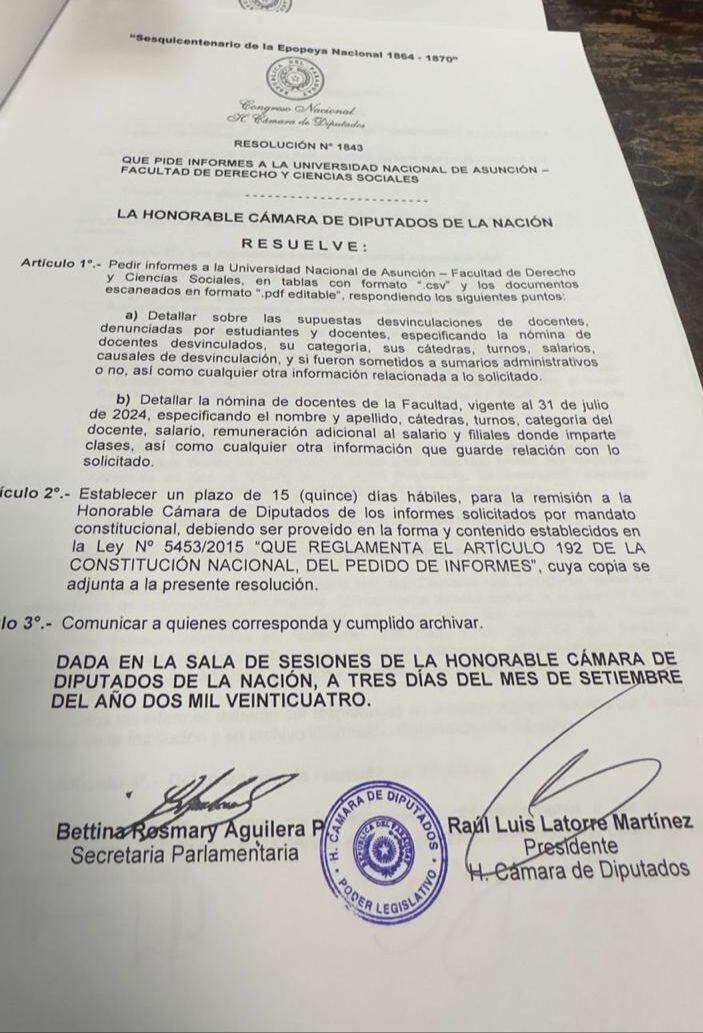 Documento remitido por la Cámara de Diputados al Rectorado de la UNA. Foto: Gentileza